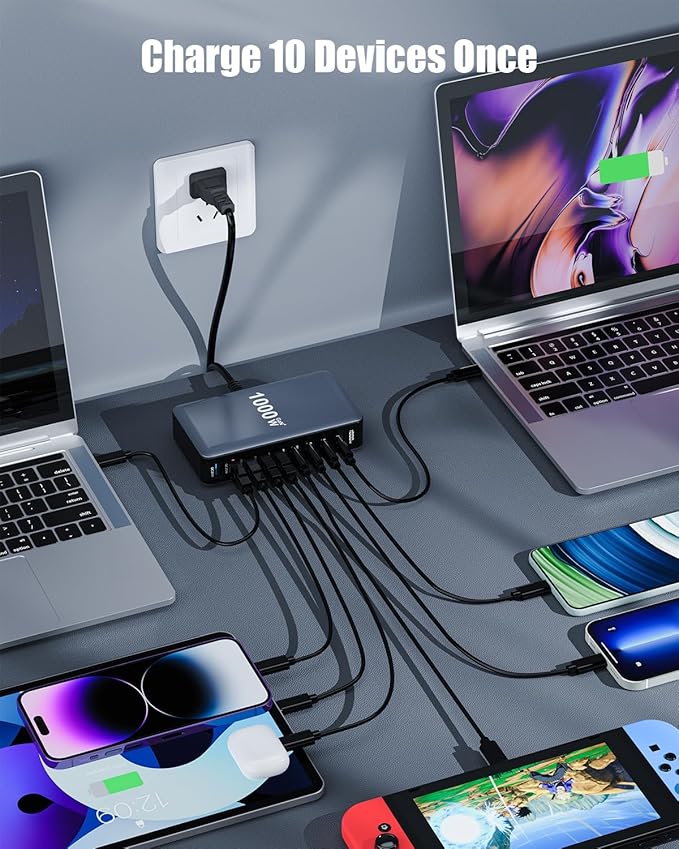 1000W USB C Charger Block,10-Port USB C Charging Station GaN IV Travel Essentials Multiple Port Charging Station,140W Laptop Fast Charger Adapter for MacBook Pro/Air,DELL,iPad,iPhone,Samsung Galaxy