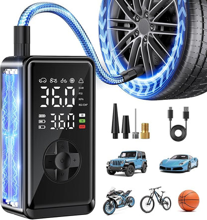 Tire Inflator Portable Air Compressor, Auto Air Pump for car tires with Digital Tire Pressure Gauge, Dual Digital LCD, Pocket Air Compressor for Cars, Bike, Motorcycle, Ball