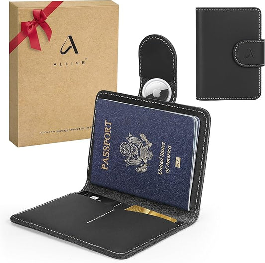 ALLIVE Passport Holder for Travel, Genuine Leather Passport Holder with AirTag Hidden Pocket, Rfid Blocking Passport Cover Travel Wallet for Women Men, Airport Essentials Gift (Black)