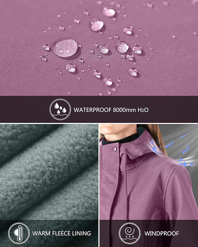 Outdoor Ventures Women's Lightweight Waterproof Fleece Lined Hooded Softshell Rain Jacket, Warm Windbreaker Long Coat