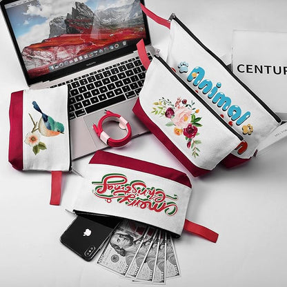 10 Pieces Cotton Canvas Makeup Bag with Bottom and Strap, Multi-Purpose Cosmetic Bag with Zipper Travel Toiletry Pouch, Blank DIY Craft Bag (White&Red, M)