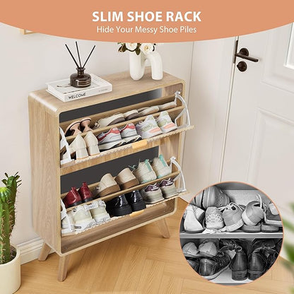 RARZOE Fluted Shoe Storage Cabinet with 2 Flip Drawers, Narrow Curved Shoe Cabinet for Entryway, Freestanding Wood Hidden Shoe Organizer Closed Shoe Rack Cabinet for Foyer,Hallway (27.5''Natural)