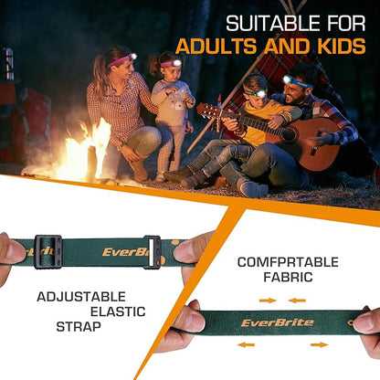 EverBrite Rechargeable Headlamp, 2 Pack Kids Headlamp with White/Red/Green Light and Memory Function, Head Lamp for Adult and Kid with 5 Modes, 120° Adjustable LED Headlamp for Camping, Running-Green
