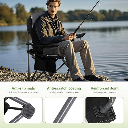 LET'S CAMP Oversized Outdoor Folding Camping Chair, 2 Pack Heavy Duty Arm Chairs with Cup Holder and Storage Bag, 350 LBS Weight Capacity, Grey