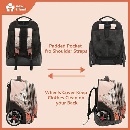 NEW TILAMI 20" Rolling Backpack for Teens Adults, Climbing Stairs Waterproof Backpack with Wheels for School Business Trave Camping with Laptop Compartment, Fit 17 Inch Laptop, Pcturesque Mountain