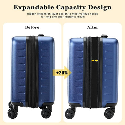 16 Inch Carry On Luggage Airline Approved, Expandable Lightweight ABS+PC Hard Shell Suitcases with 360° Spinner Wheels, TSA Lock, YKK Zippers (Navy Blue, 1 PC)