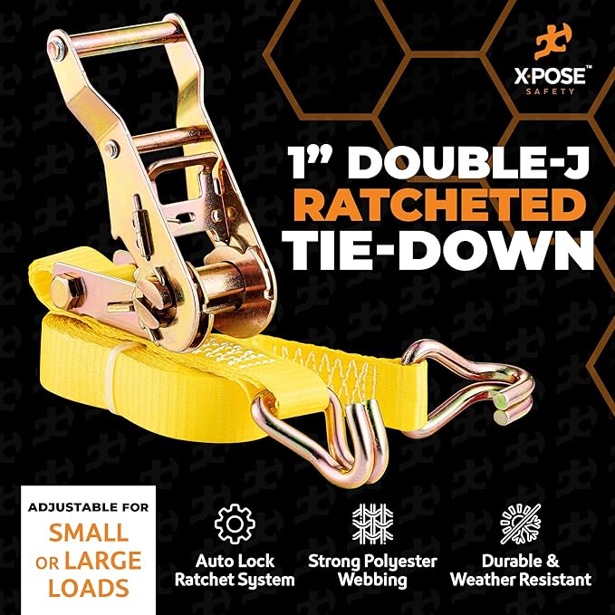 Ratchet Straps Heavy Duty 1" x 15' – 3,000 lbs Break Strength Tie Down Straps with Double J Hooks, Ratcheting Cargo Straps for Truck, Trailer, Kayak, Motorcycle & Moving – 4 Pack
