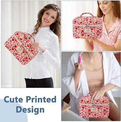 Large Makeup Bag, Cute Cosmetic Bag for Women Girls, Floral Coquette Aesthetic Toiletry Bag, Travel Make Up Organizer Bag (Pink Rose)