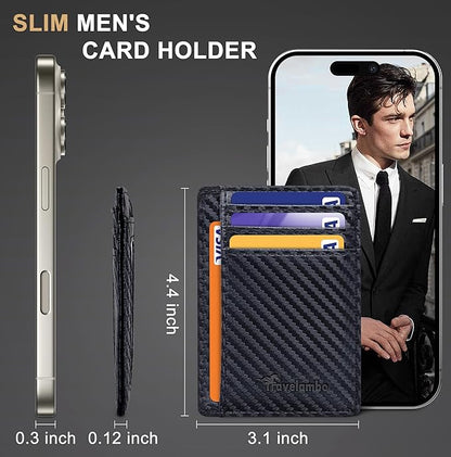 Travelambo Slim Wallet Front Pocket Minimalist Leather RFID Blocking Medium Size (Carbon Fiber Black)