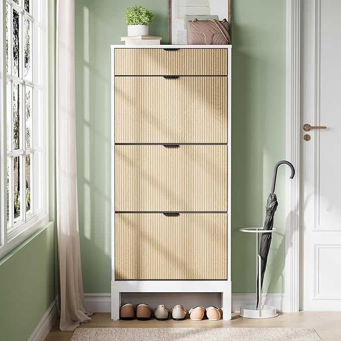 GAOMON Shoe Cabinet with 3 Flip Drawers, Entryway Cabinet with Adjustable Shelves, Accommodate 12 to 18 Pair of Shoes, Space-Saving Slim Shoe Cabinet for Entryway, Hallway, Front Door, White Oak