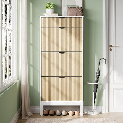 GAOMON Shoe Cabinet with 3 Flip Drawers, Entryway Cabinet with Adjustable Shelves, Accommodate 12 to 18 Pair of Shoes, Space-Saving Slim Shoe Cabinet for Entryway, Hallway, Front Door, White Oak
