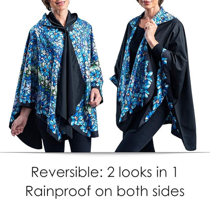 RainCaper Tiffany Clematis Womens Rain Cape Poncho with Hood Reversible