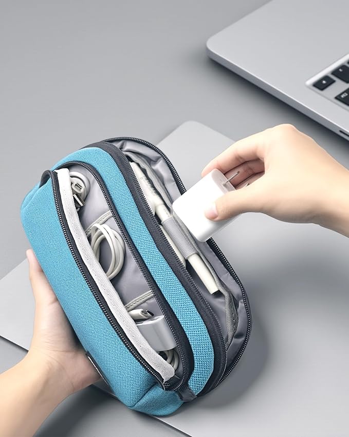 Portable Electronics Organizer Travel Case, Double Layers Tech Organizer, All-in-One Charger Storage Bag for Charging Cable, USB Cord, Charger, Power Bank, Flash Drive, Blue