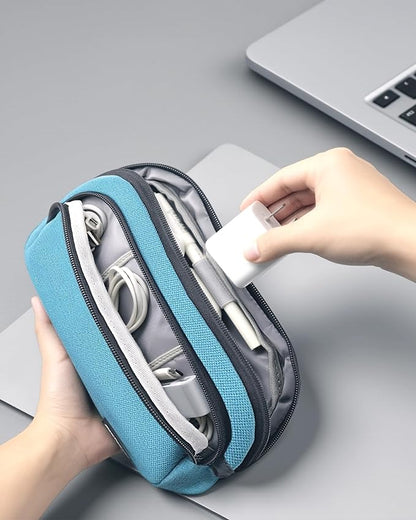 Portable Electronics Organizer Travel Case, Double Layers Tech Organizer, All-in-One Charger Storage Bag for Charging Cable, USB Cord, Charger, Power Bank, Flash Drive, Blue