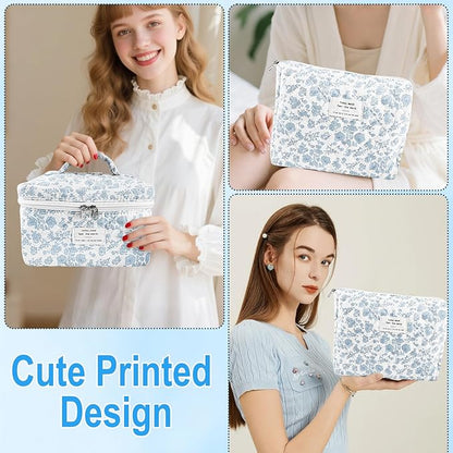2Pcs Cotton Quilted Makeup Bag for Women Extra Large Small Travel Cosmetic Bag Set Cute Blue Floral Print Makeup Pouch Portable Toiletry Bag Organizer Coquette Vintage Puffy Travel Essential