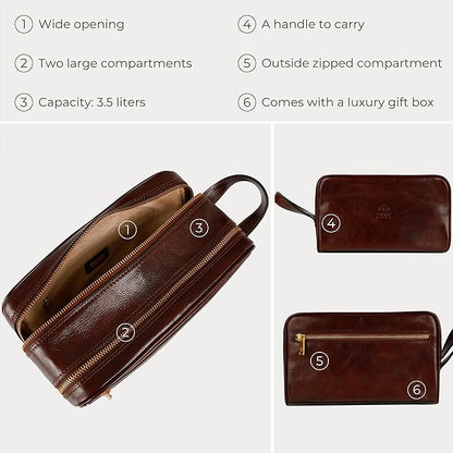 Time Resistance Leather Cosmetic Bag Toiletry Italian Classy Dopp Kit