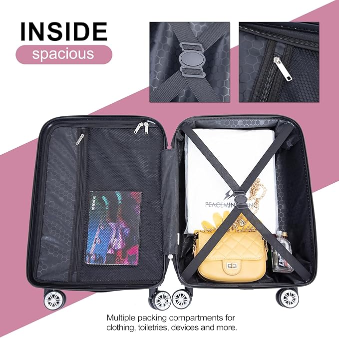 Luggage 4 Piece Set, Hardshell ABS Suitcase Set with Double Spinner Wheels, Lightweight Suitcase, Carry On and Checked Travel Luggage,Rose Pink