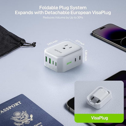 EPICKA Hybrid European Travel Plug Adapter, 2 Packs Foldable & Detachable Type C (EU) VisaPlug, 8-IN-1 International Power Adapter with 4 USB Ports (2 USB-C PD 20W), Travel Essentials for US to Europe