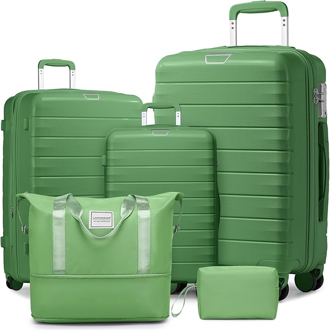 LARVENDER Luggage Sets 5 Piece with Duffel Bag Expandable(Only 28 inch) Hardside PP Carry On Luggage with 360° Spinner Wheels TSA Lock Luggage Sets for Women, Stone Green