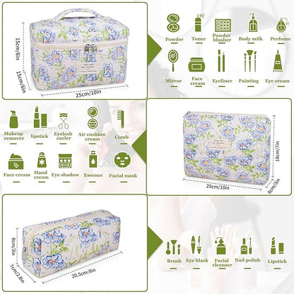 3PC Makeup Bag Set, Quilted Makeup Bag, Large Floral Cosmetic Bag for Women, Cute Cotton Makeup Bags, Flower Travel Toiletry Organizer Bag (light blue)