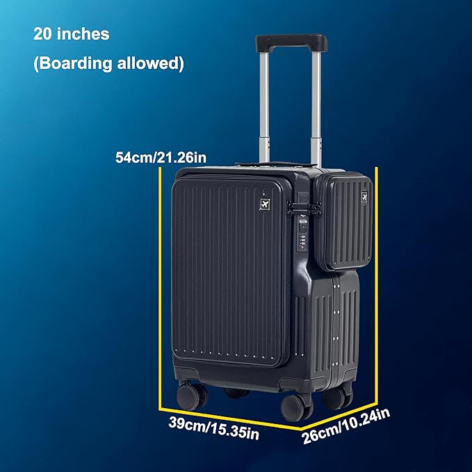 20-inch Front-Opening Aluminum Frame luggage - Spinner Wheels TSA Lock PC Material With External lD Bag Convenient And Fast, Suitcase for Business Travel & Short Trips (Black)