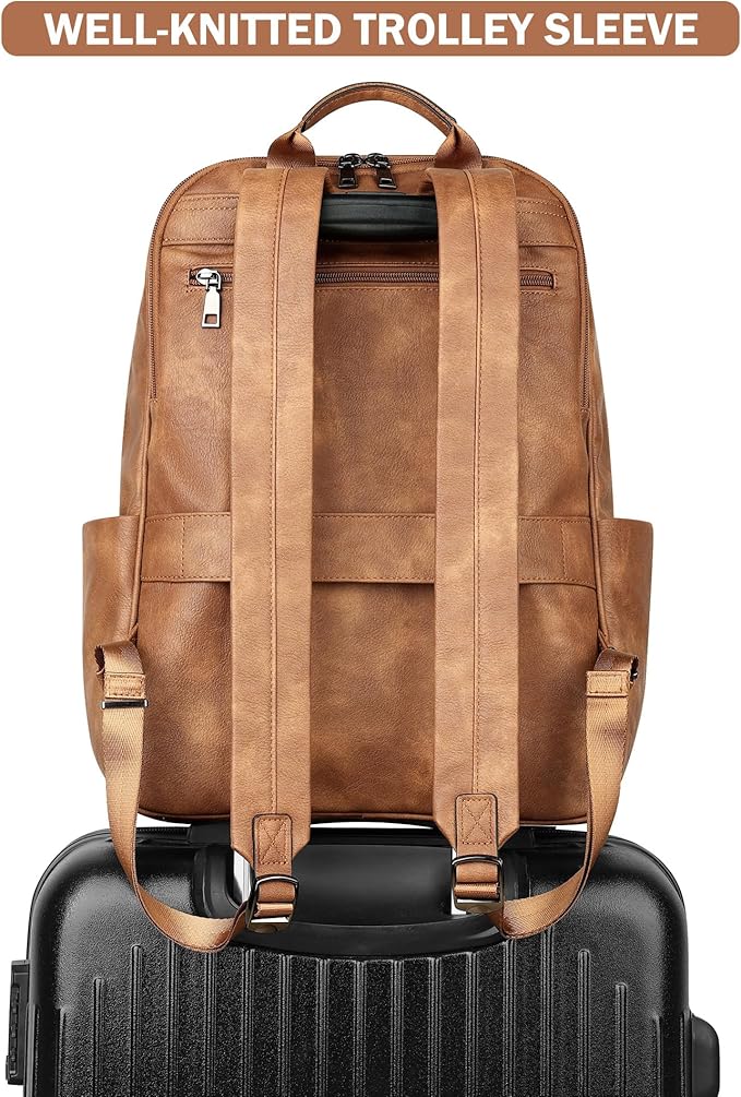 MASINTOR 15.6 inch Leather Laptop Backpack Purse for Women, Designer Travel and Work Bag with Laptop Compartment Mocha Brown