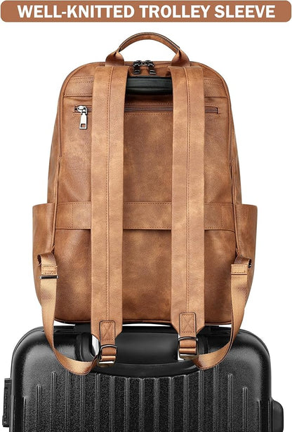 MASINTOR 15.6 inch Leather Laptop Backpack Purse for Women, Designer Travel and Work Bag with Laptop Compartment Mocha Brown