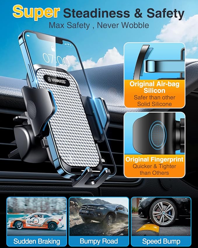 [Pro Version] VANMASS Universal Car Phone Mount [Super Suction Cup] Dashboard Phone Holder, Handsfree Windshield Dash Vent Phone Holder Car, Compatible for iPhone 17 16 15 14 Samsung LG & Truck,Silver