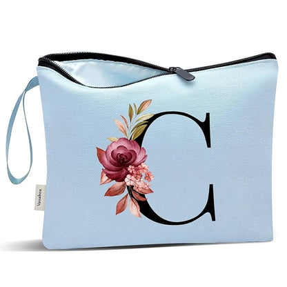 Vavabox A-Z Personalized Makeup Bag, Birthday Gifts for Women Mom, Gifts for Best Friend, Bride Bridesmaid Cosmetic bag (C, Blue)