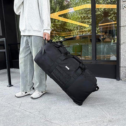 80L Waterproof Rolling Duffel Bag with Quick-Release Straps, Military Tactical Wheeled Foldable For Deployment Traveling Camping Sporting (Black)