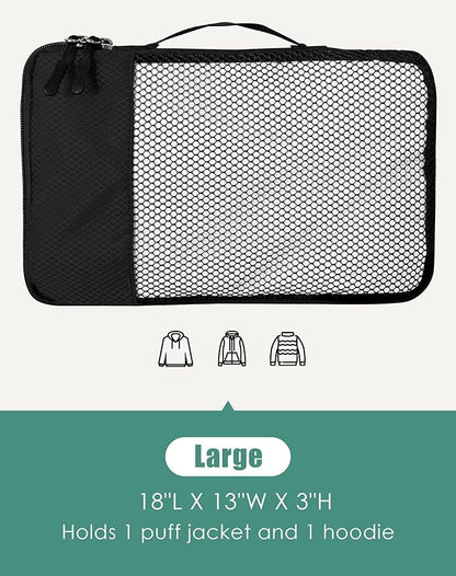 4-Piece Packing Cubes Travel Accessories Set for Suitcases - Luggage Organizer Bags with Double Zipper - Mesh Top - Large - Black