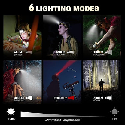 Mossy Oak 600 Lumens Rechargeable Headlamp, Lightweight LED Headlight with White & Red Light, Waterproof Head Lamp with Non-Slip Band, Dimmable & Memory Function for Camping, Running, Christmas Gifts