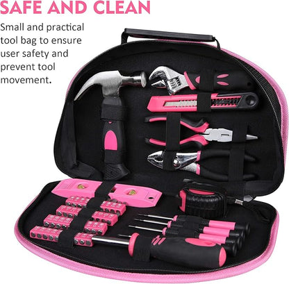 CARTMAN 52-Piece Tool Set Hand Tool Set with Easy Carrying Round Pouch - Perfect for DIY Pink