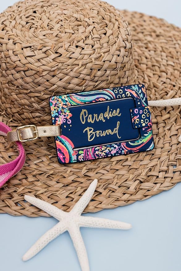 Lilly Pulitzer Leatherette Luggage Tag with Secure Strap, Colorful Suitcase Identifier for Travel
