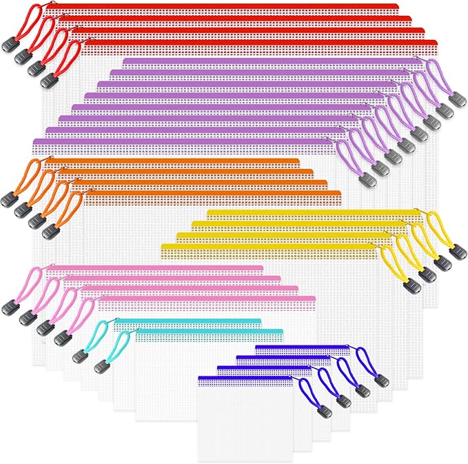 Mesh Zipper Pouch Bags, 32 Pcs Zipper Bags, 8 Size Waterproof Zipper Pouches for Organizing, Assorted Color Plastic Zipper Pouches, Mesh Bags with Zipper for Travel, School, Home and Office Supplies.
