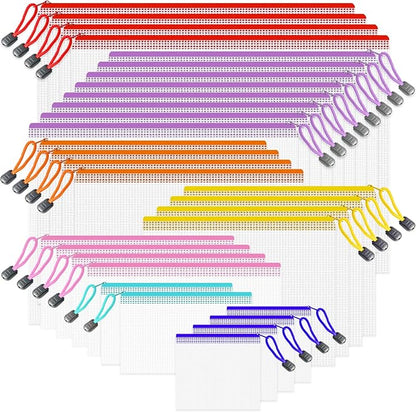 Mesh Zipper Pouch Bags, 32 Pcs Zipper Bags, 8 Size Waterproof Zipper Pouches for Organizing, Assorted Color Plastic Zipper Pouches, Mesh Bags with Zipper for Travel, School, Home and Office Supplies.