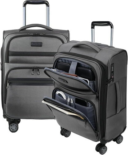 KROSER Softside Expandable Carry On Luggage with Front Business Pockets，20 Inch Suitcases with Spinner Wheels & Built-in TSA Lock, Durable Suitcase Rolling Luggage with USB Port, Grey