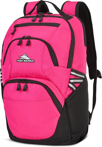 High Sierra Swoop Backpack, Lightweight Bookbag, Large Main Compartment + External Accessory Pockets, Separate Laptop Pocket, Dual Water Bottle Pockets, Fits most 17” Laptops, 30L Capacity, Flamingo