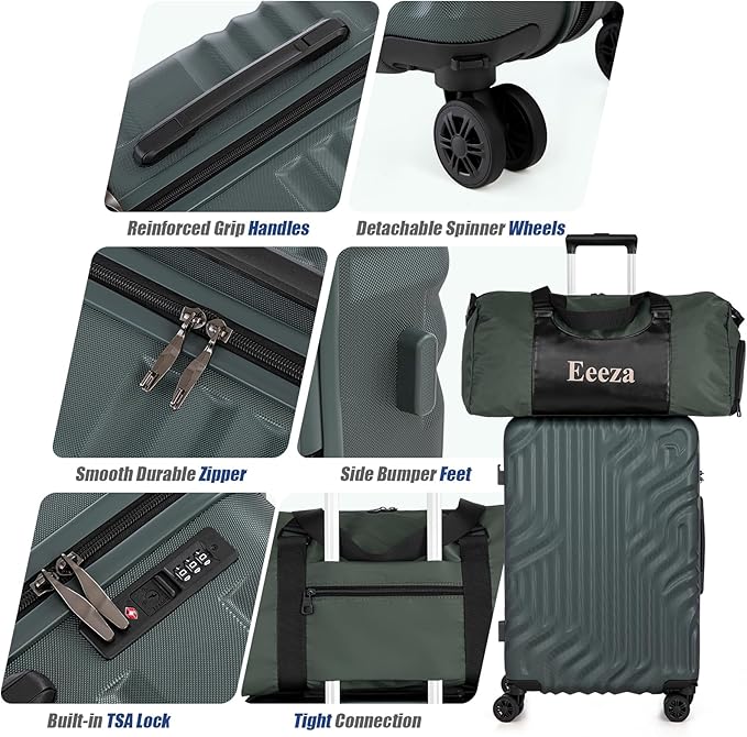 Luggage Sets Suitcase Sets 5 Piece Luggage Sets Suitcase with ABS Hard Shell Lightweight TSA Lock and Double Rotatable Detachable Wheels(DarkGreen,20"/24"/28"/DB/TB)