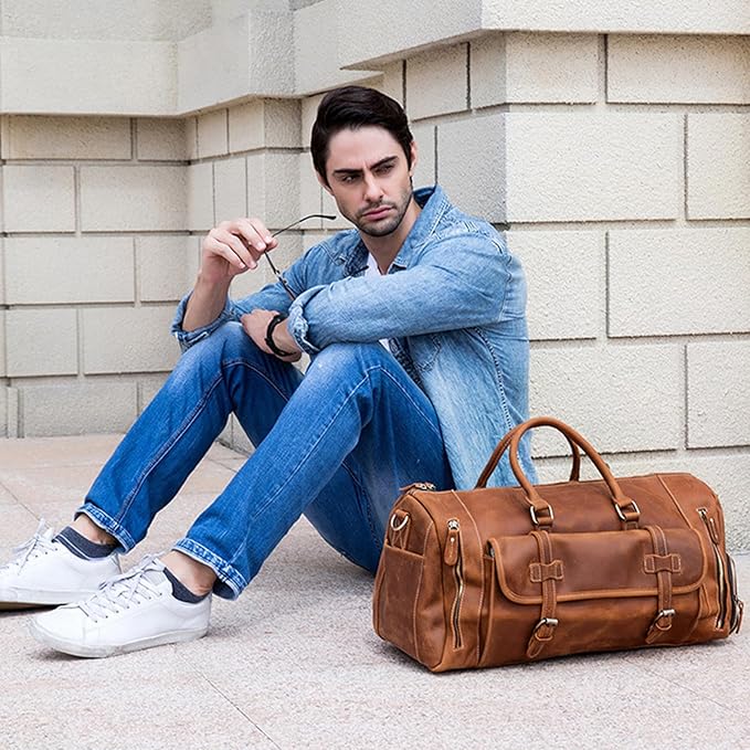 Full-grain Genuine Leather Travel Bag Large Capacity Duffel Luggage Bag with Shoe Compartment, Men Women Shoulder Bag for Weekend Holiday Business Trip, Light Brown