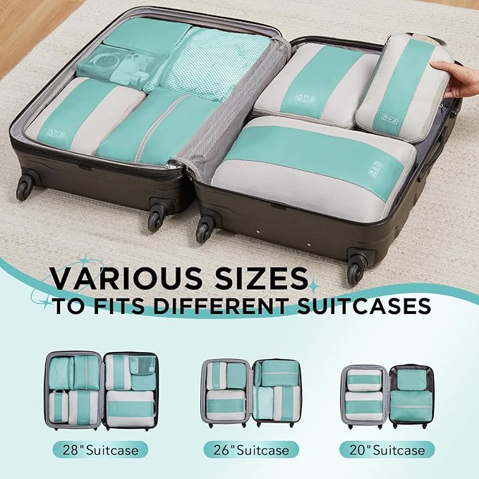 8 Set Compression Packing Cubes for Travel Essentials,Compressible Expandable Packing Cubes for Suitcase,OlarHike Luggage Organizer Bags for Travel,Handy Helper for Organizing Clothes(Cyan)