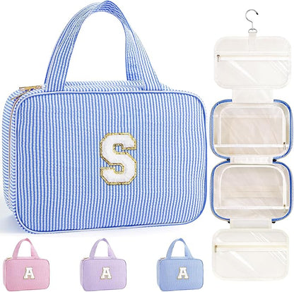 TOPEAST Travel Toiletry Bag Makeup Bag - Hanging Toiletry Bag for Women, Portable Toiletries Travel Bag and Cosmetic Bag, Airplane Travel Essentials Travel Toiletry Bag - Letter S, Blue