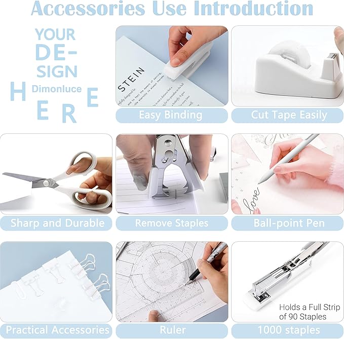 Office Desk Accessories, White Office Supplies Accessories with Tape Dispenser, Stapler, Staple Remover, 1000 Staples, Tape, Clips Set, Ruler, Scissor, Pen