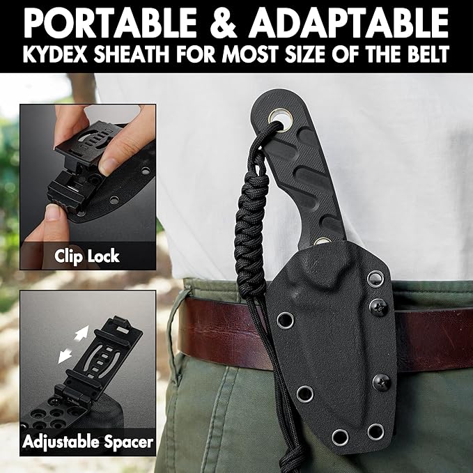 FLISSA Fixed Blade Knife, 7 Inch Full Tang Hunting Knife with Kydex Sheath and Emergency Rope, Tactical Knife with G10 Handle for Survival, Camping, Hiking(Black)