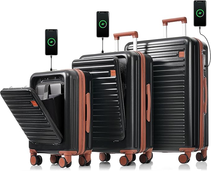 Merax Luggage Set of 3, 20, 24, 28inch with USB Port, 20, 24inch with front opening design Airline Certified Carry on Luggage, ABS Hard Shell Luggage with Spinner Wheels, ABS+black and brown