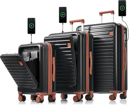Merax Luggage Set of 3, 20, 24, 28inch with USB Port, 20, 24inch with front opening design Airline Certified Carry on Luggage, ABS Hard Shell Luggage with Spinner Wheels, ABS+black and brown