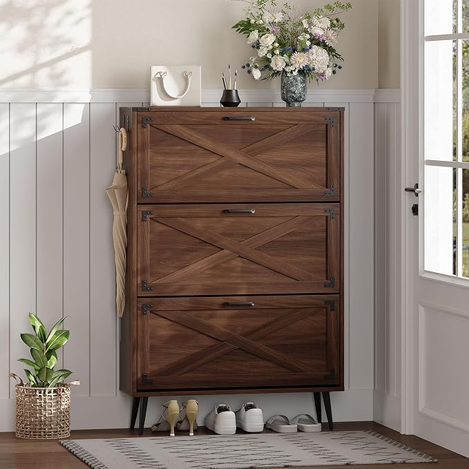 Shoe Organizer Cabinet Narrow with 3 Flip Drawers Shoe Rack Cabinet Hidden Slim Freestanding Shoe Storage Cabinet 24 Shoes for Entryway,Living Room, Rustic Walnut