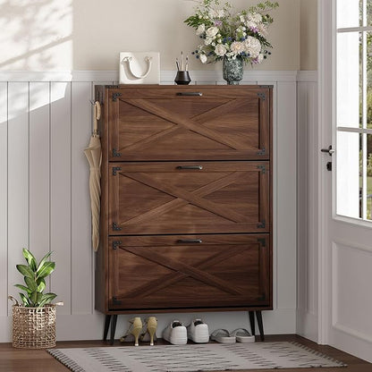 Shoe Organizer Cabinet Narrow with 3 Flip Drawers Shoe Rack Cabinet Hidden Slim Freestanding Shoe Storage Cabinet 24 Shoes for Entryway,Living Room, Rustic Walnut
