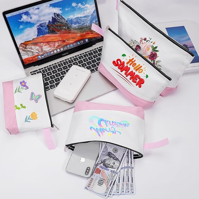 10 Pieces Cotton Canvas Makeup Bag with Bottom and Strap, Multi-Purpose Cosmetic Bag with Zipper Travel Toiletry Pouch, Blank DIY Craft Bag (White&Pink, S)