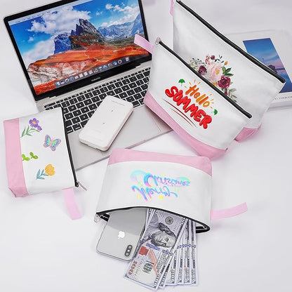 10 Pieces Cotton Canvas Makeup Bag with Bottom and Strap, Multi-Purpose Cosmetic Bag with Zipper Travel Toiletry Pouch, Blank DIY Craft Bag (White&Pink, L)